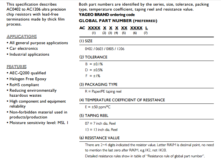 國巨AC級(jí)貼片電阻代碼說明